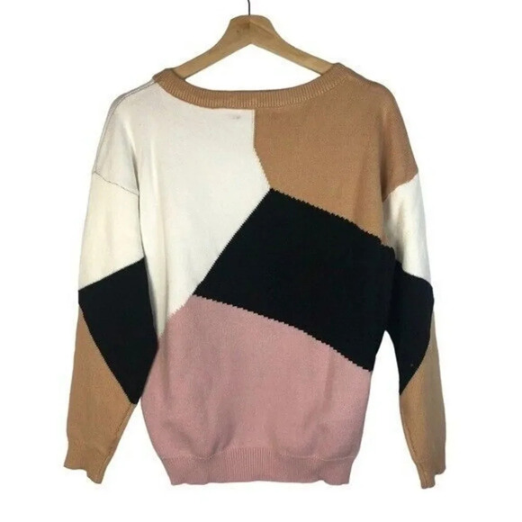 Boutique Black Tan & Pink Colorblock Geometric Crewneck Sweater M - Picture 3 of 5